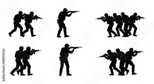 Silhouette of armed soldiers in various combat and defensive positions