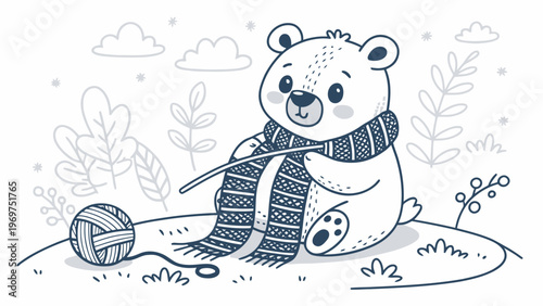 A cute polar bear knitting a scarf in a minimalist illustration