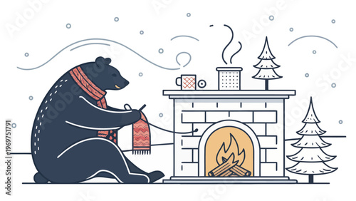 A cozy bear knitting by the fireplace on a snowy winter night