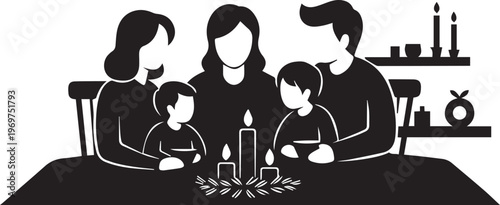 Family Candlelight Dinner Silhouette - Cozy Home Holiday Celebration Vector