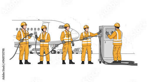 Aviation Refueling: A team of aviation personnel, clad in safety attire, works in unison to refuel an aircraft at the airport.