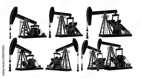 Silhouettes of multiple oil pumps against a stark white background