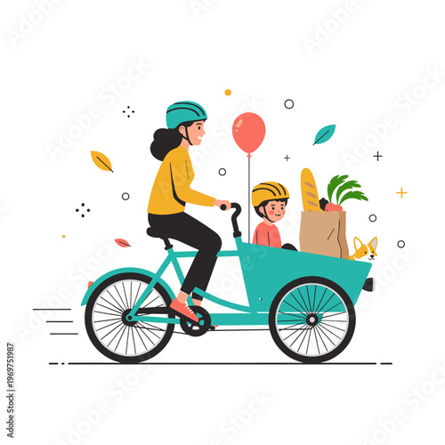Eco-Friendly Family on a Cargo E-Bike Vector Art