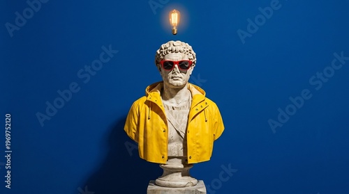 Wallpaper Mural Ancient stone bust wearing modern red sunglasses and a bright yellow waterproof jacket, with a glowing incandescent light bulb illuminating from its head on a vibrant blue backdrop. Torontodigital.ca