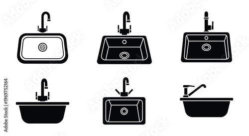 Black and white icons depicting kitchen and bathroom sinks soap and accessories