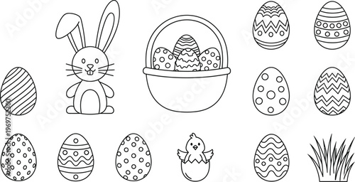 A charming collection of easter outline icons featuring bunnies, decorated eggs, a basket, and a cute chick hatching, perfect for holiday-themed designs.