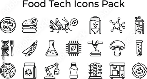 This comprehensive collection of outline icons illustrates diverse food technology innovations, including sustainable practices, alternative proteins, and advanced food processing methods.