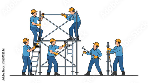 Construction Crew Erects Scaffolding: A team of construction workers collaborate to assemble a scaffolding, demonstrating precision and teamwork in their efforts to build and create. 