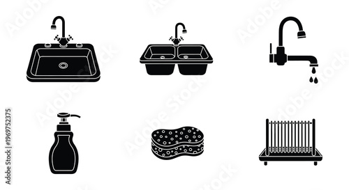 Black and white icons depicting kitchen and bathroom sinks soap and accessories