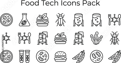 An illustrative vector icon pack showcasing advancements in food technology, covering plant-based alternatives, sustainable protein sources, and innovative bioengineering solutions.