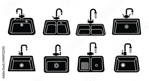 Black and white icons depicting kitchen and bathroom sinks soap and accessories