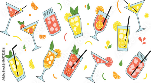 Fresh Citrus Cocktail Drinks Vector Set with Lemon, Orange, Grapefruit Beverages, Glasses, Ice Cubes, and Summer Refreshment Illustration Collection.
