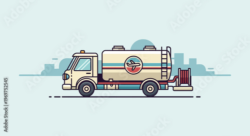 Aircraft refueling truck on airport tarmac with city skyline background