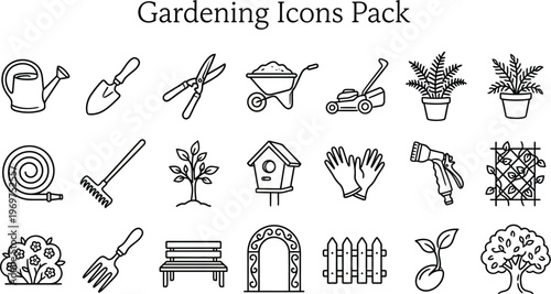 A comprehensive pack of hand-drawn outline gardening tools and plant icons, perfect for garden-related design projects.