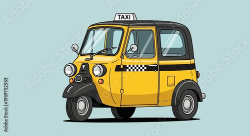 Yellow Three-Wheeled Auto Rickshaw Taxi with Checkerboard Door