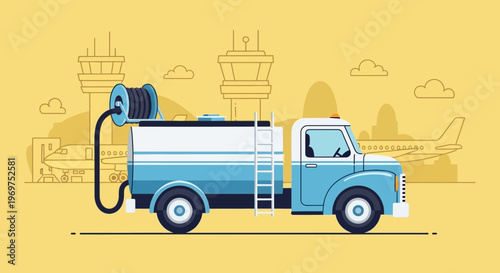 Airport Fuel Truck Servicing Aircraft on Tarmac
