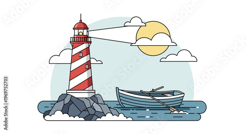 Lighthouse guiding a rowboat at sea under a sunny sky with clouds