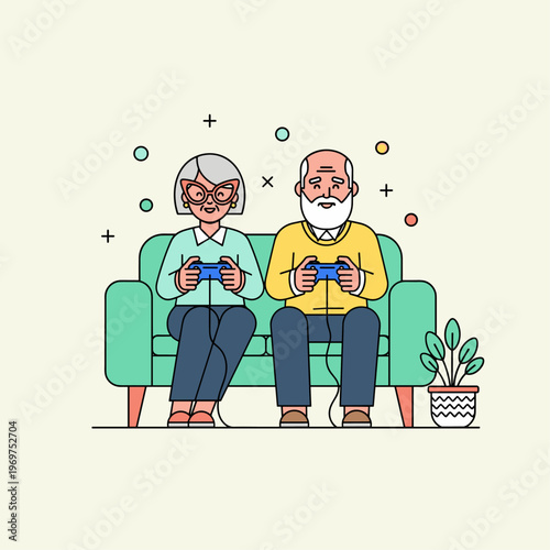 Flat Vector Active Seniors Gaming Scene