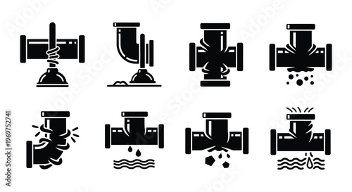 Black and white plumbing icons depicting pipes clogs and maintenance