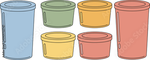 Colorful collection of plastic food storage containers and tall cups for kitchen organization meal prep and domestic household utility vector