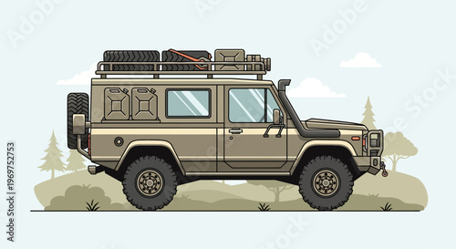 Pixel art off-road vehicle with rooftop cargo, spare tire, and jerrycans