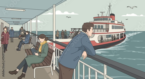 People on ferry deck watching large passenger boat sail on water