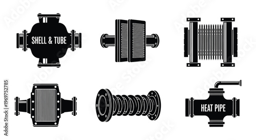 Illustrative collection of various industrial heat exchangers and piping components