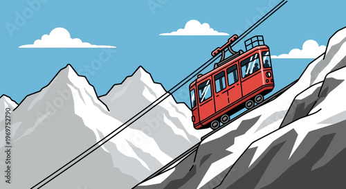 Red cable car ascending steep snowy mountain slope