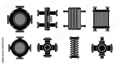 Illustrative collection of various industrial heat exchangers and piping components