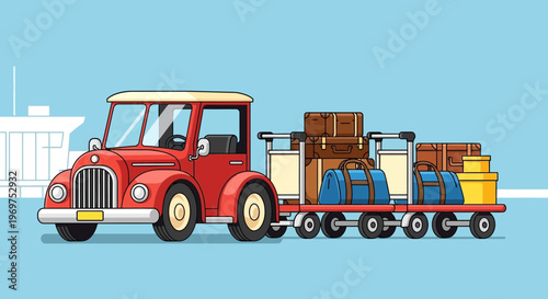 Vintage airport tug towing luggage carts with suitcases and bags