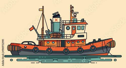 Tugboat illustration, cartoon style, maritime transport, sea vessel