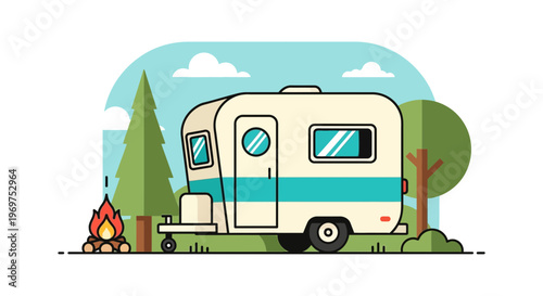 Vintage Camper Trailer with Campfire in Forest Landscape