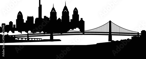 Philadelphia skyline silhouette with Delaware River and bridge outline, urban waterfront scene.