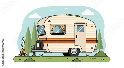 Vintage camper trailer with campfire and trees, retro camping illustration
