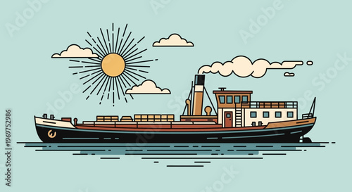 Vintage Cargo Ship Sailing on Water Under Sunny Sky with Clouds