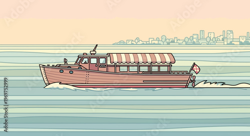 Vintage boat sailing on calm water with city skyline background