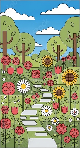 Whimsical flower garden path leading to trees under a sunny sky