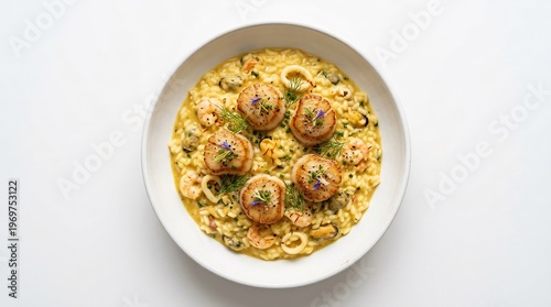 Wallpaper Mural Seafood risotto with pan-seared scallops and shrimp, garnished with fresh herbs and a drizzle of sauce, presented in a white bowl on a clean white background. Torontodigital.ca