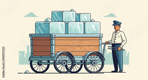 Vintage ice delivery man with cart full of ice blocks