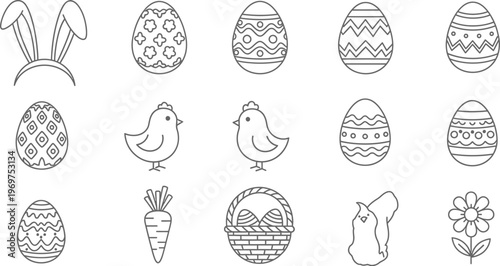 A wonderful collection of outline vector icons for Easter and spring holiday celebrations, featuring decorated eggs, cute chicks, bunny ears, and festive elements.
