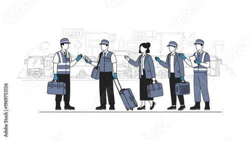 Essential Line: A diverse group of essential workers stand in a line, symbolizing dedication and community support. 