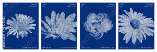 Blue cyanotype orchid botanical poster. Stipple dot overlay texture with flower silhouette. Delicate indigo blue nature banner for template and graphic design project.