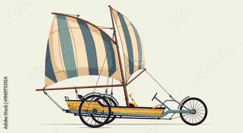 Vintage land yacht with striped sails on a light background