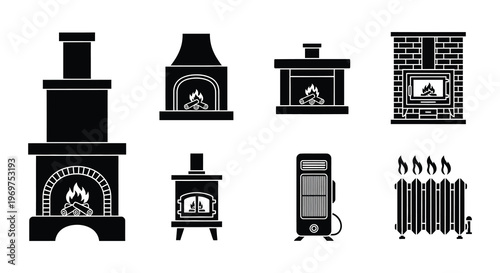 Collection of black silhouette icons depicting various heating appliances
