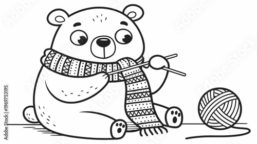 A cute cartoon bear knitting a scarf with yarn and needles