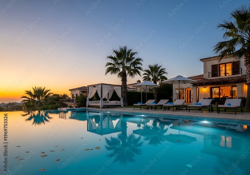 Fototapeta premium Luxury villa retreat with infinity pool view at sunset ambiance