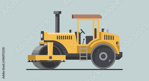 Yellow steamroller on a gray background, construction vehicle, flat design