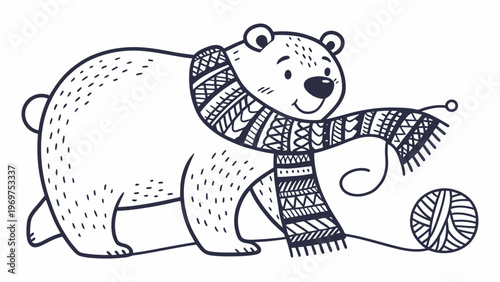 A cute polar bear wearing a scarf and playing with yarn