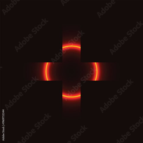 Red Neon Circular Segments Cross, Futuristic Glowing Arc Light Background