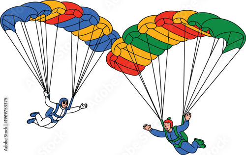 Two skydivers with colorful parachutes gliding through the air for extreme sports adventure skydiving and outdoor recreation concepts vector illustration